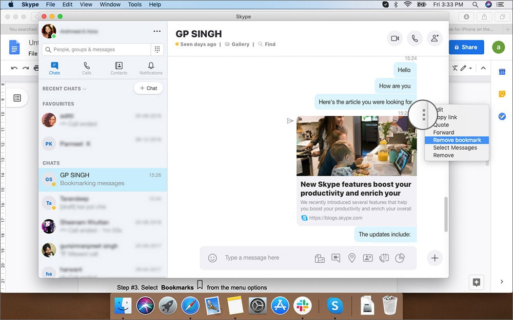 Select Remove Bookmark Option in Skype Message App on Mac
