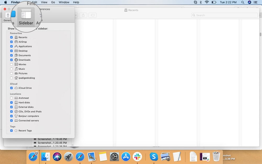 Select Sidebar from Preferences in Finder Menu on Mac