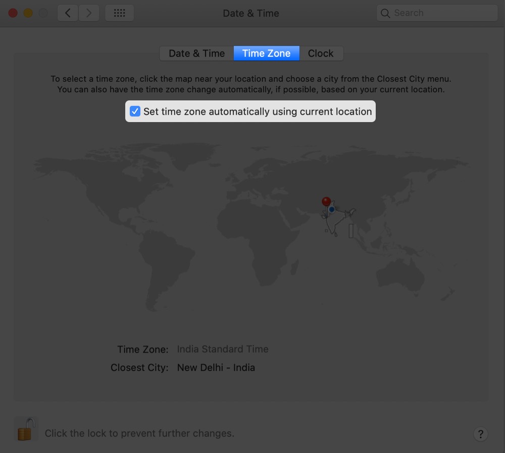 Select Time Zone Tab and Check Set time zone automatically using current location is On