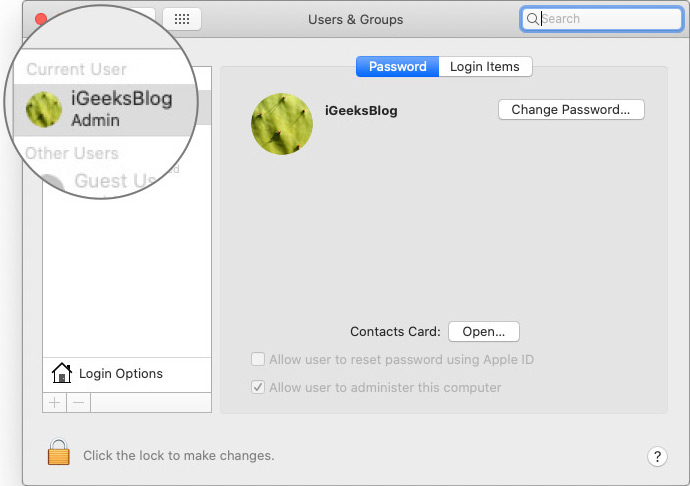 Select User Account in macOS Catalina on Mac