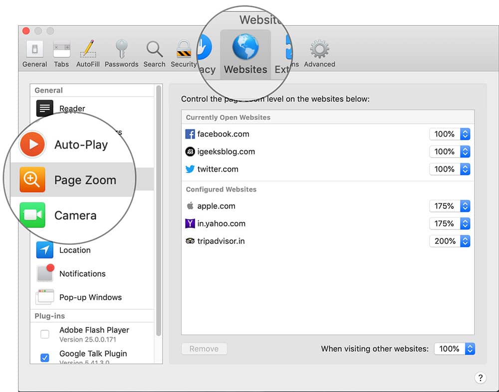 Select Websites tab and choose Page Zoom in Mac Safari Preferences