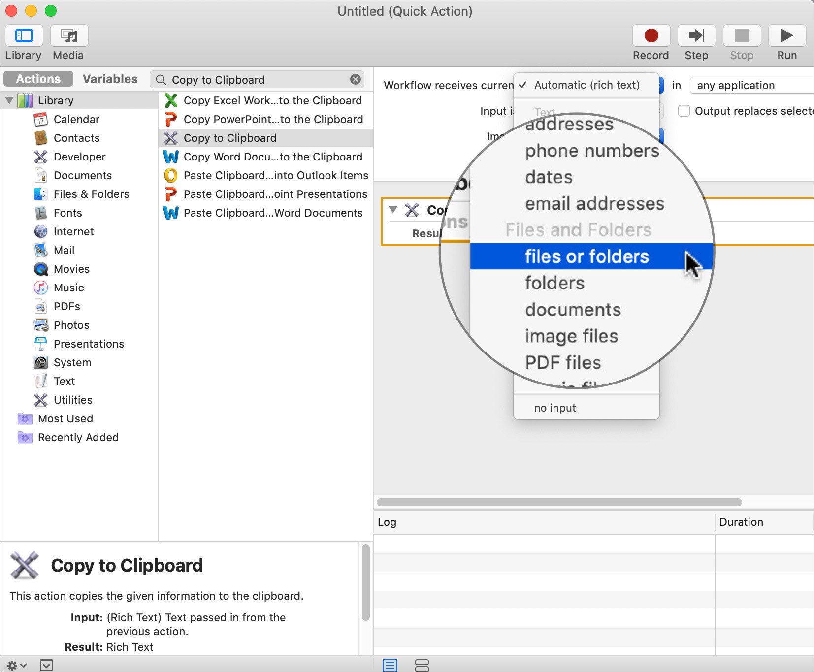 Select files or folder from Workflow receives current menu in Mac Automator App