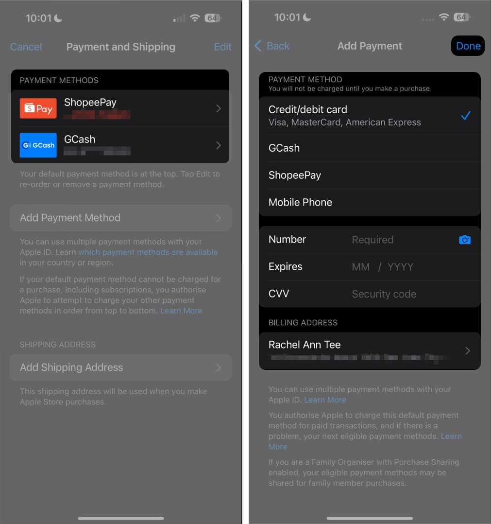 Select payment method and add details and tap done Select payment method and add details and tap done