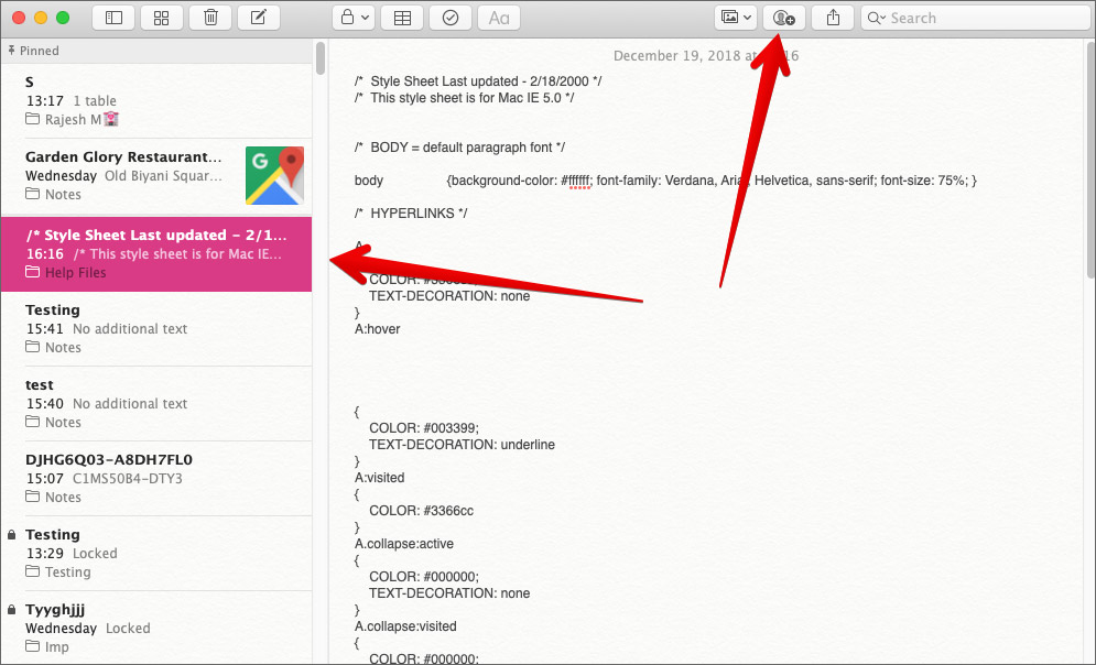 Select respective Note and click on people button in Mac Notes App