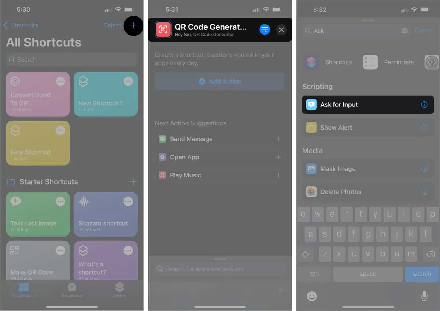 Select the ask for input option from shortcuts app on iphone Select the Ask for input option from Shortcuts app on iPhone