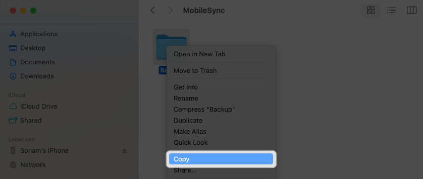 Select the Backup folder, right-click on it and choose Copy