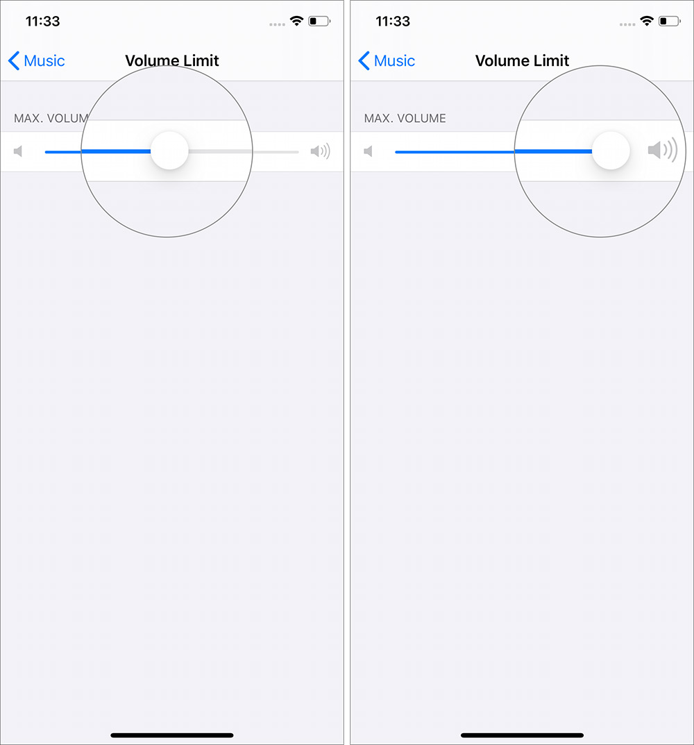 Set volume limit by Swipe right slider in Music Settins on iPhone