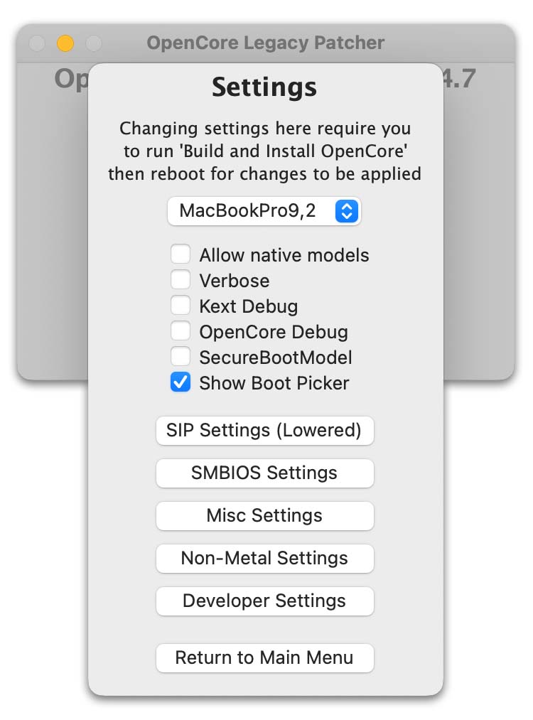 Settings Tab in OpenCore Legacy Patcher