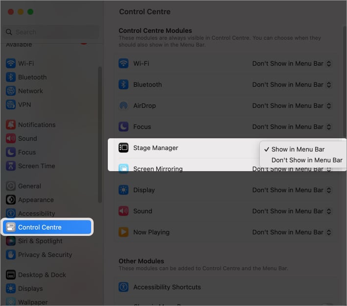 Show or hide Stage Manager from the Mac menu bar