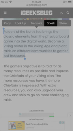 Speak option in Safari on iPhone