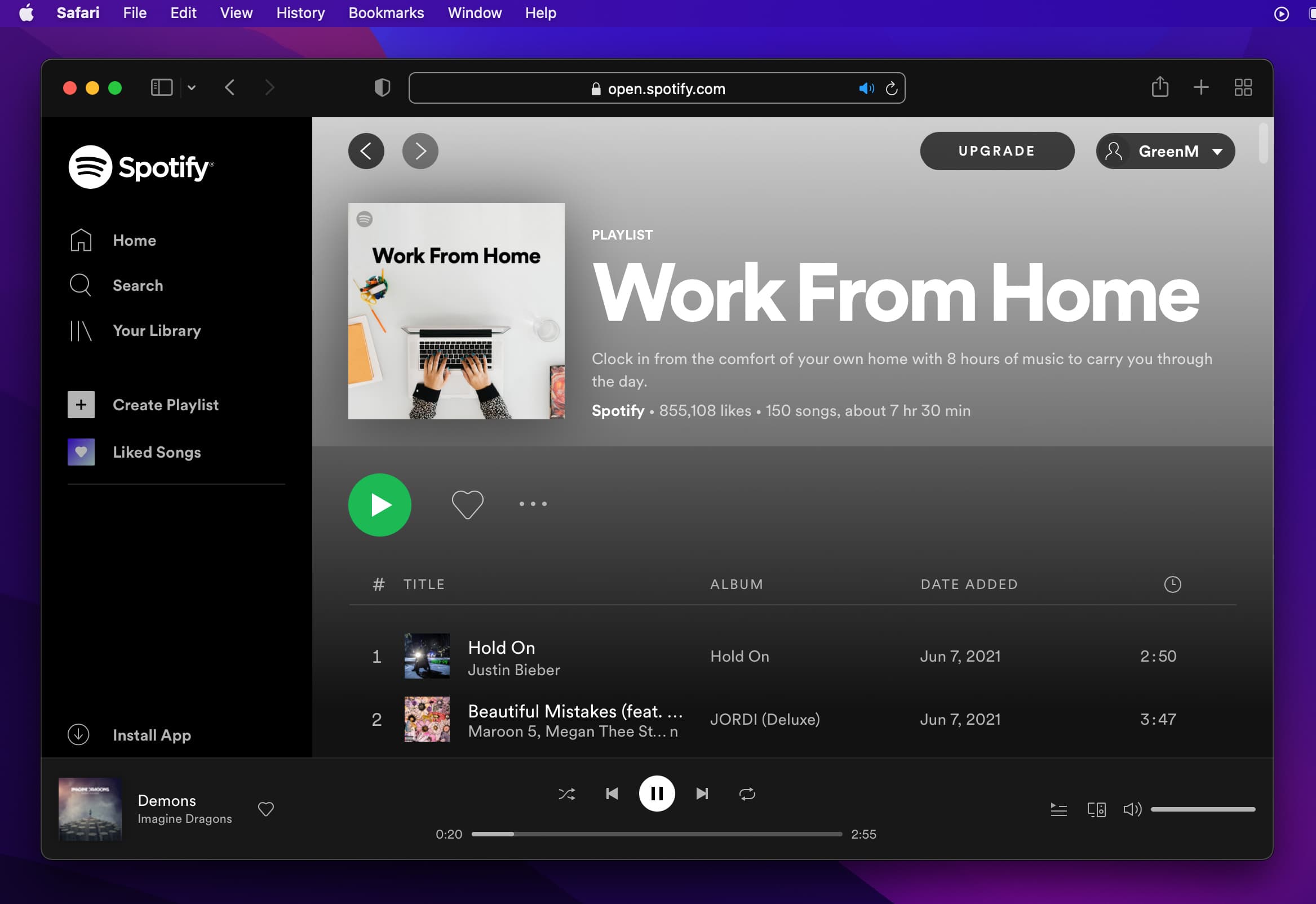 Spotify web player on Safari 15 on Mac