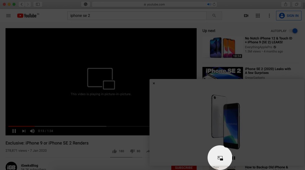 Stop Picture in Picture Mode in YouTube