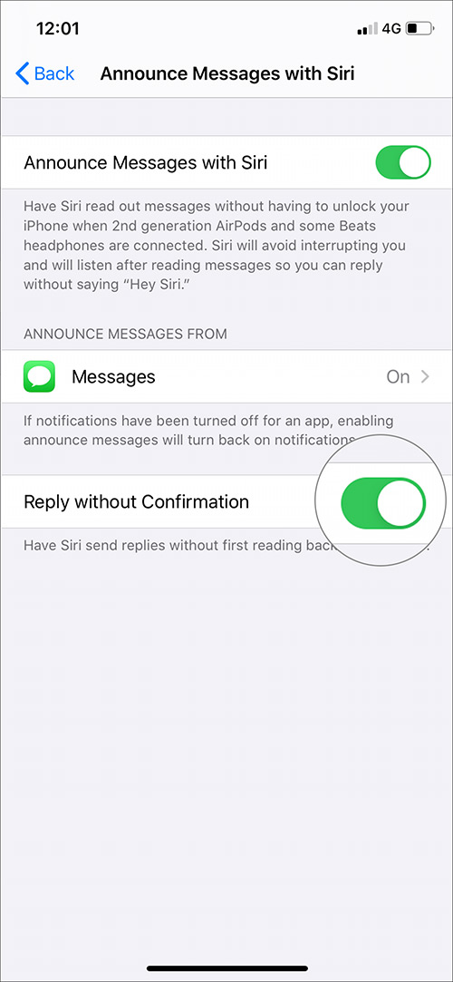 Switch on toggle to Manage Reply Confirmations in iOS 13 Siri Message Announcements
