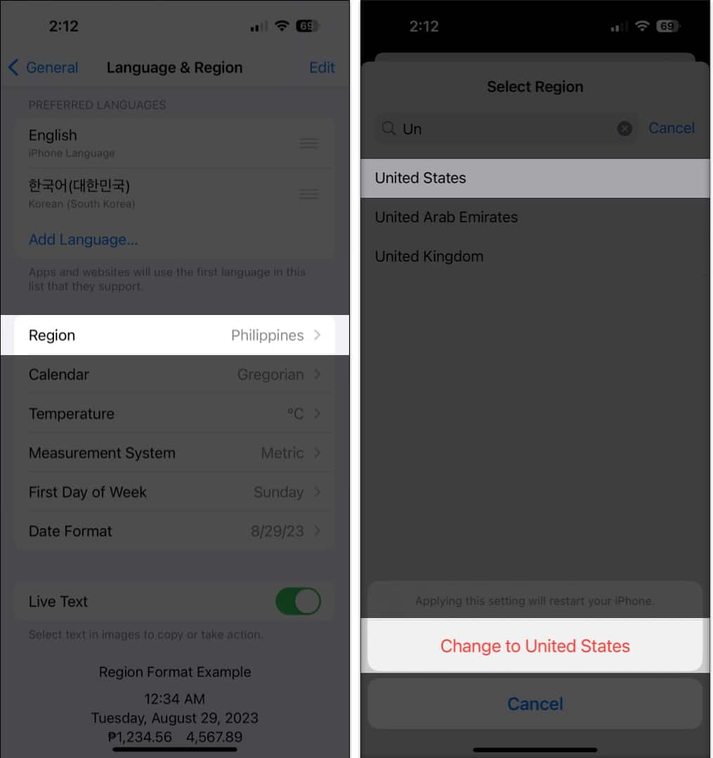 Tap Region and change your current region to any region that supports Visual Look Up