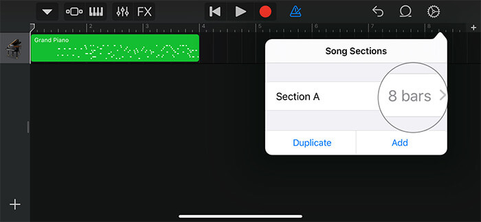 Tap on 8 bars in iOS Garageband App