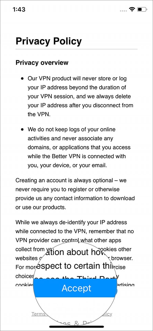Tap on Accept Privacy Policy in VPN app on iPhone