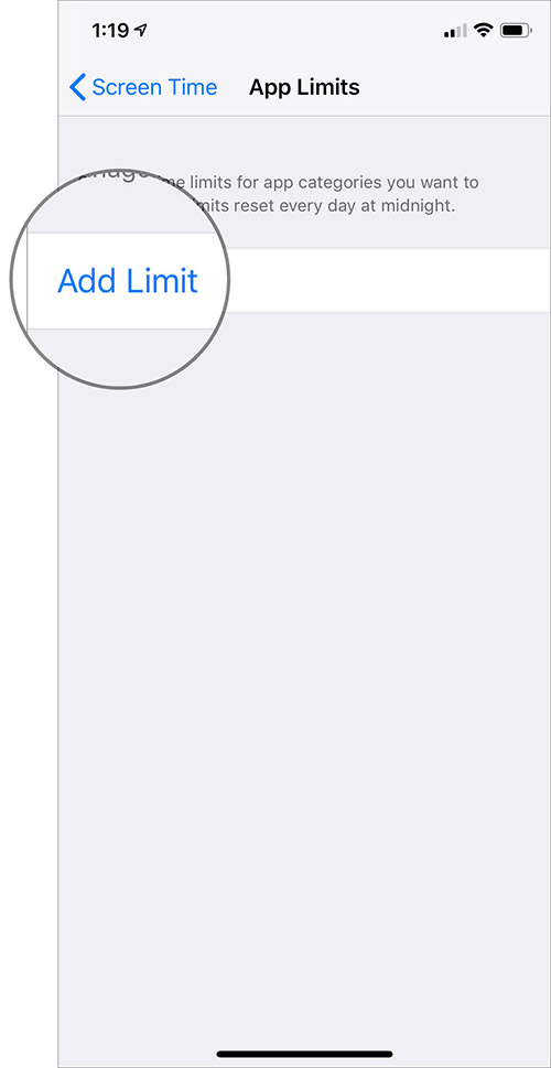 Tap on Add Limit in iOS 12 App Limits Settings