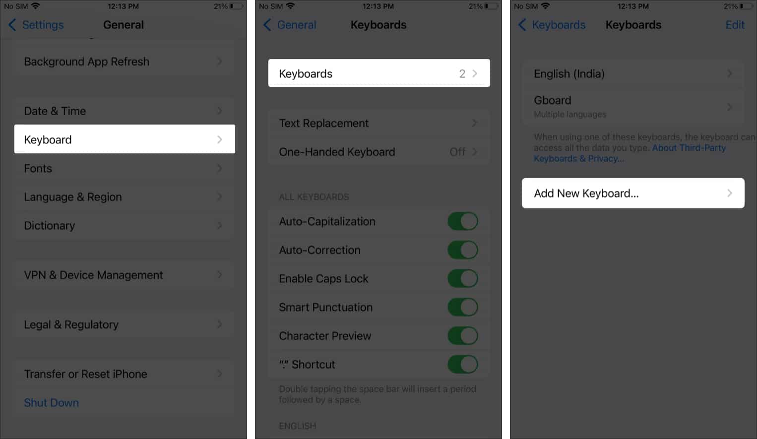 Tap on Add New Keyboard from iPhone's Settings