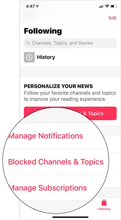 Tap on Blocked Channels and Topics in Apple News app