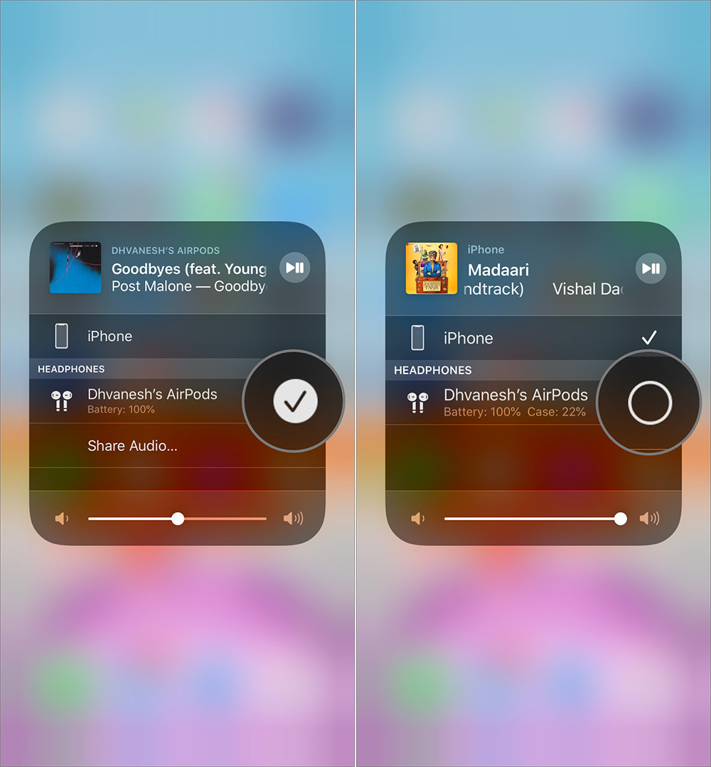 Tap on Checkmark to Stop Audio Sharing on AirPods in iOS 13 Device