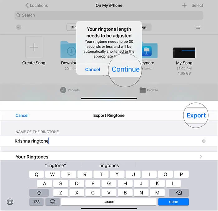 Tap on Continue and Export the Song from iOS Garageband App