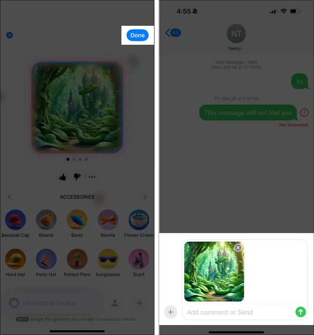 How to use apple image playground to create ai art on iphone Sending an image created using image playground in the messages app on an iphone