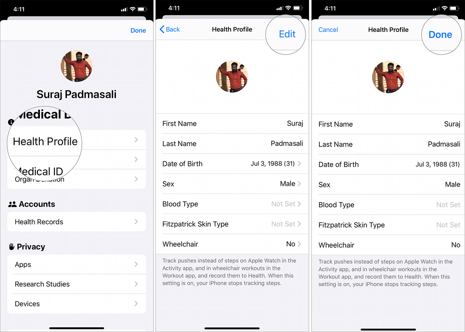 Tap on Done by fill the details in Health Profile on iPhone