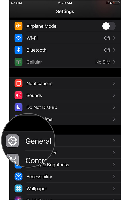 Tap on General in Settings App on iPhone