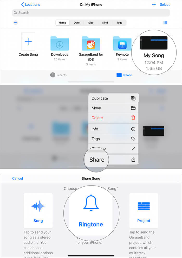 Tap on My Song and Share and then Select Ringtone in iOS Garageband App