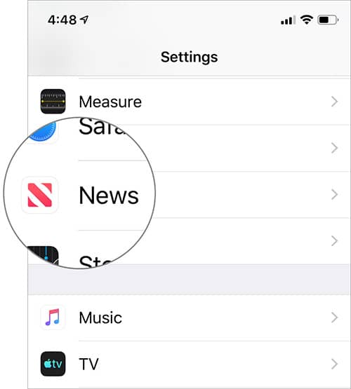 Tap on News in iOS settings