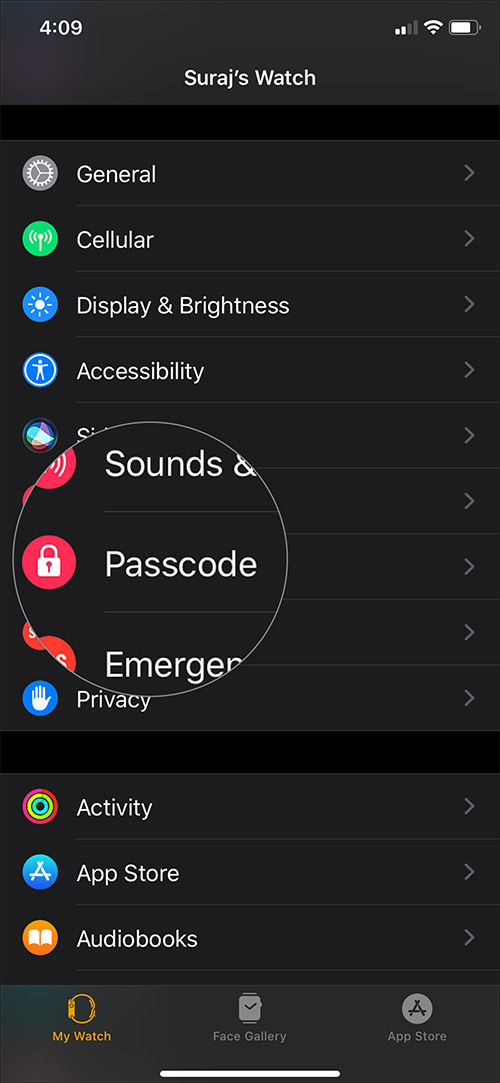 Tap on Passcode in Watch app on iPhone
