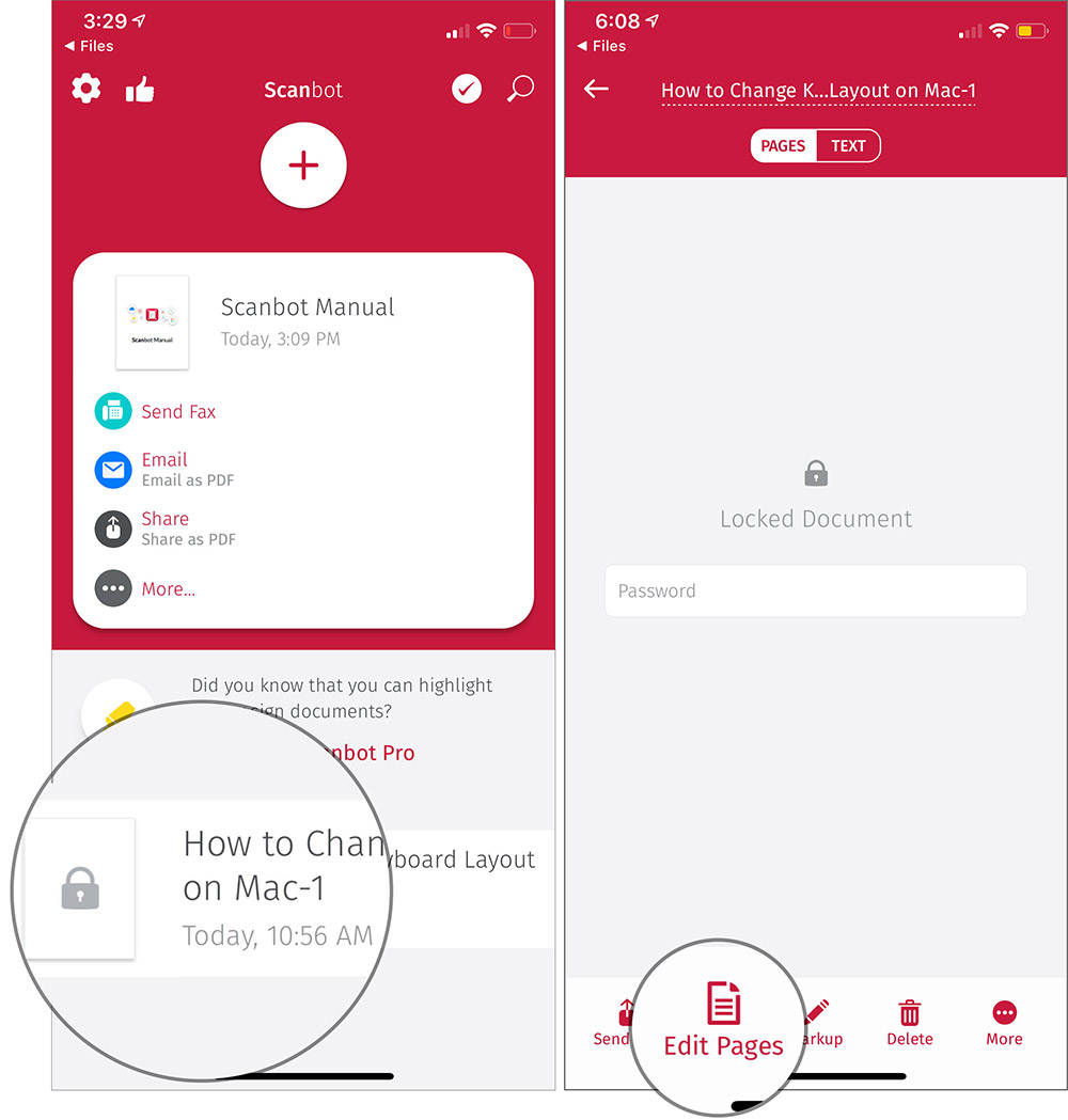 Tap on Password Protected File and Then tap on Edit Pages in iOS Scanbot App