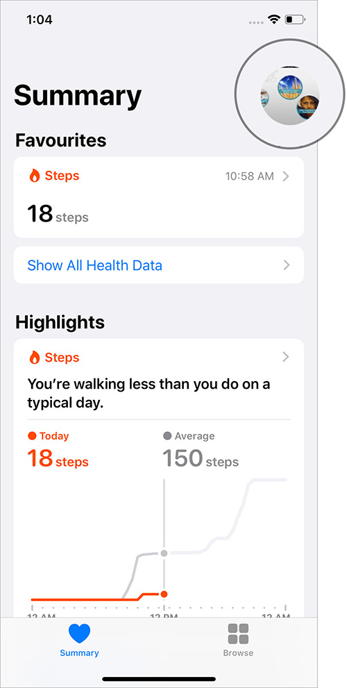 Tap on Profile Picture in iPhone Health App