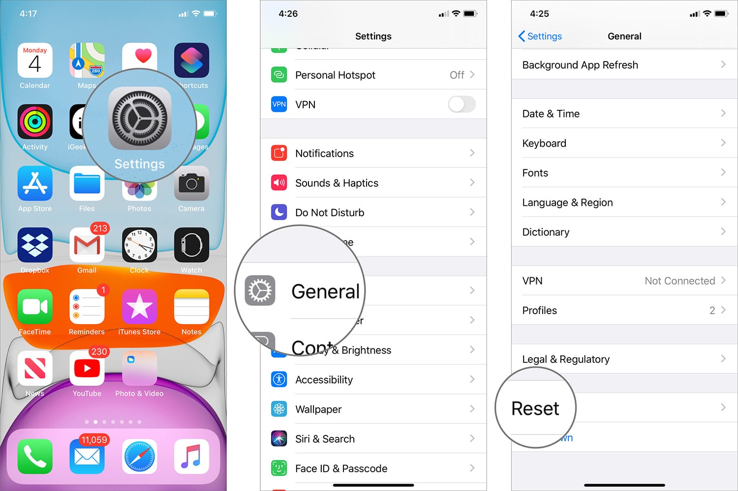 Tap on Reset in General in Settings App on iPhone