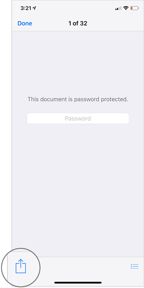 Tap on Share button in Password Protected PDF File on iPhone