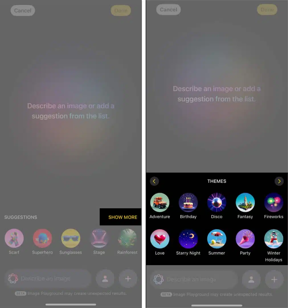 How to use apple image playground to create ai art on iphone Scrolling though apple's suggestions for creating an AI image in the Image Playground app.
