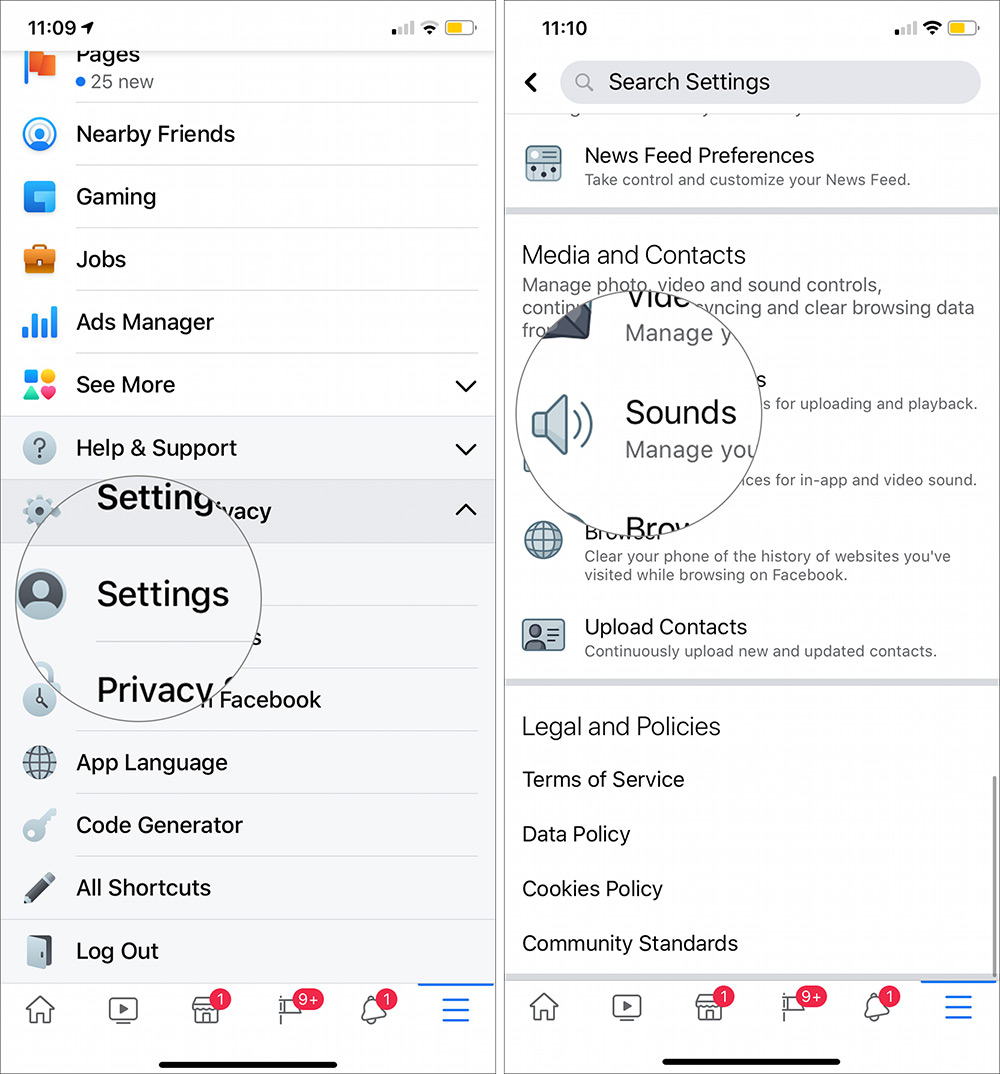 Tap on Sounds in Facbook Settins on iPhone