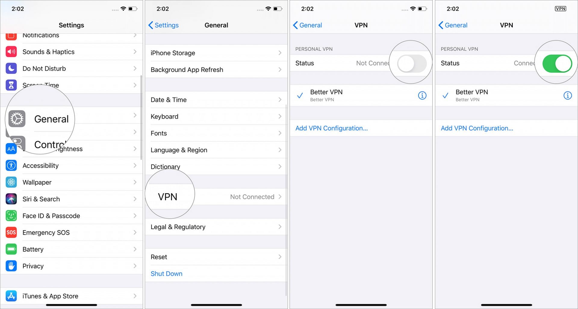Tap on Toggle ON or OFF Under VPN in Settings app on iPhone