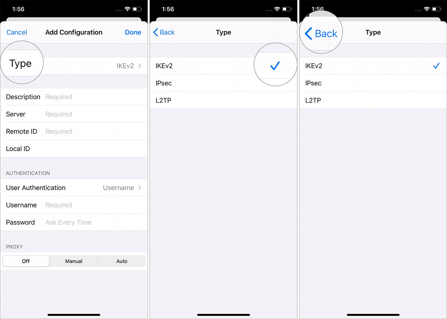 Tap on Type and select VPN type in Add Configuration on iPhone