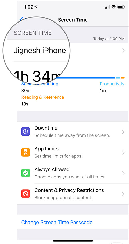 Tap on iPhone Name in Screen Time Settings in iOS 12
