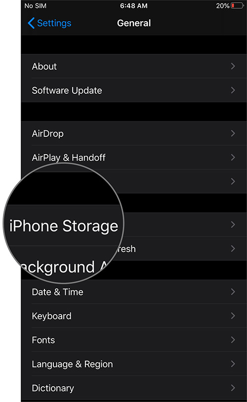 Tap on iPhone Storage in General on iPhone and iPad