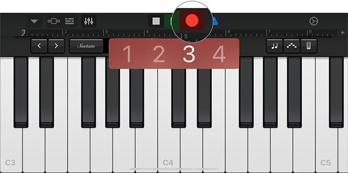 Tap on red circular record button and play instrument in iOS GarageBand App