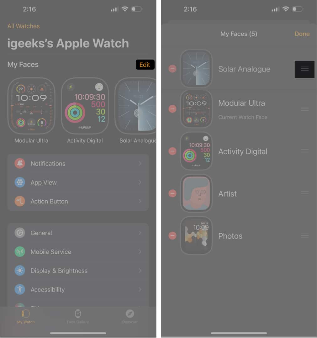 Tap the hamburger icon to rearrange watch face