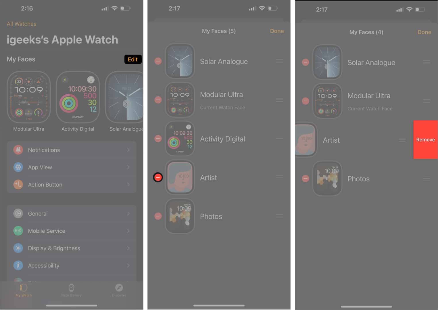 Tap the (-) icon, Remove