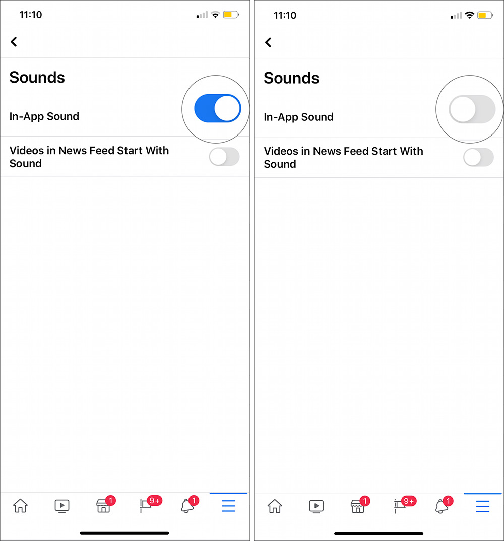 Toggle OFF In-App Sound in Facebook app on iPhone