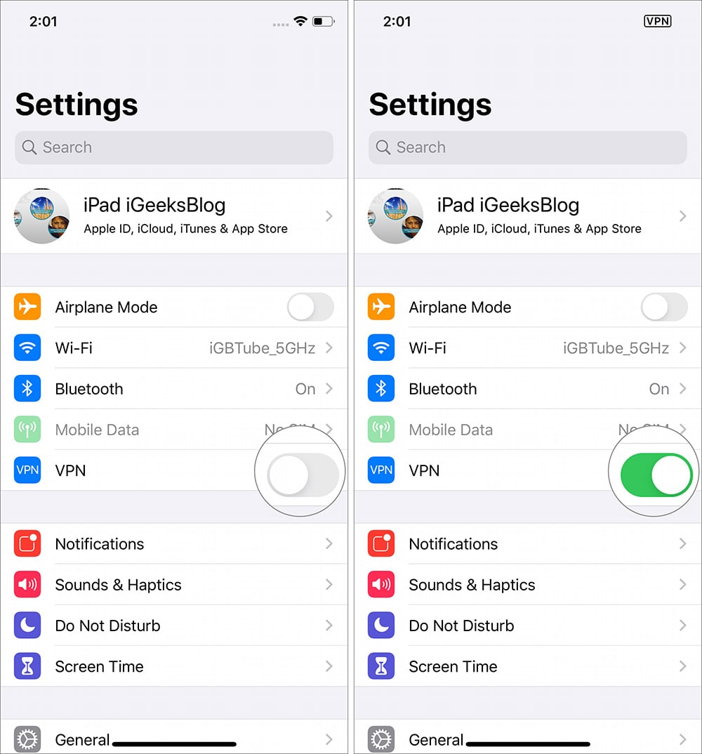 Toggle ON or OFF VPN switch in Settings app on iPhone