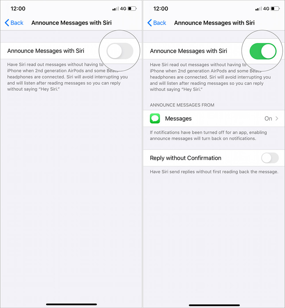 Toggle the Switch on Setup Siri to Announce Messages Through AirPods