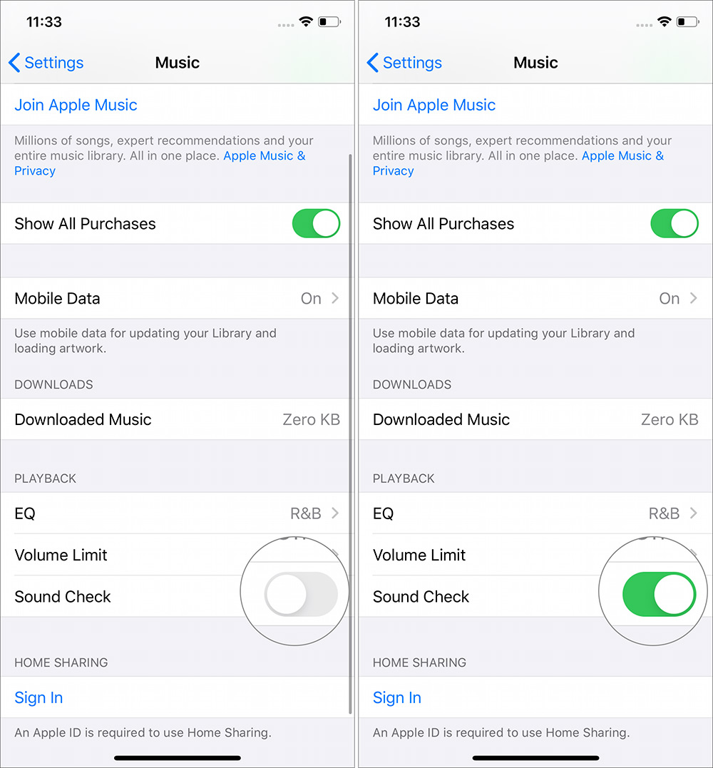 Turn ON the toggle for Sound Check in Music Settins on iPhone