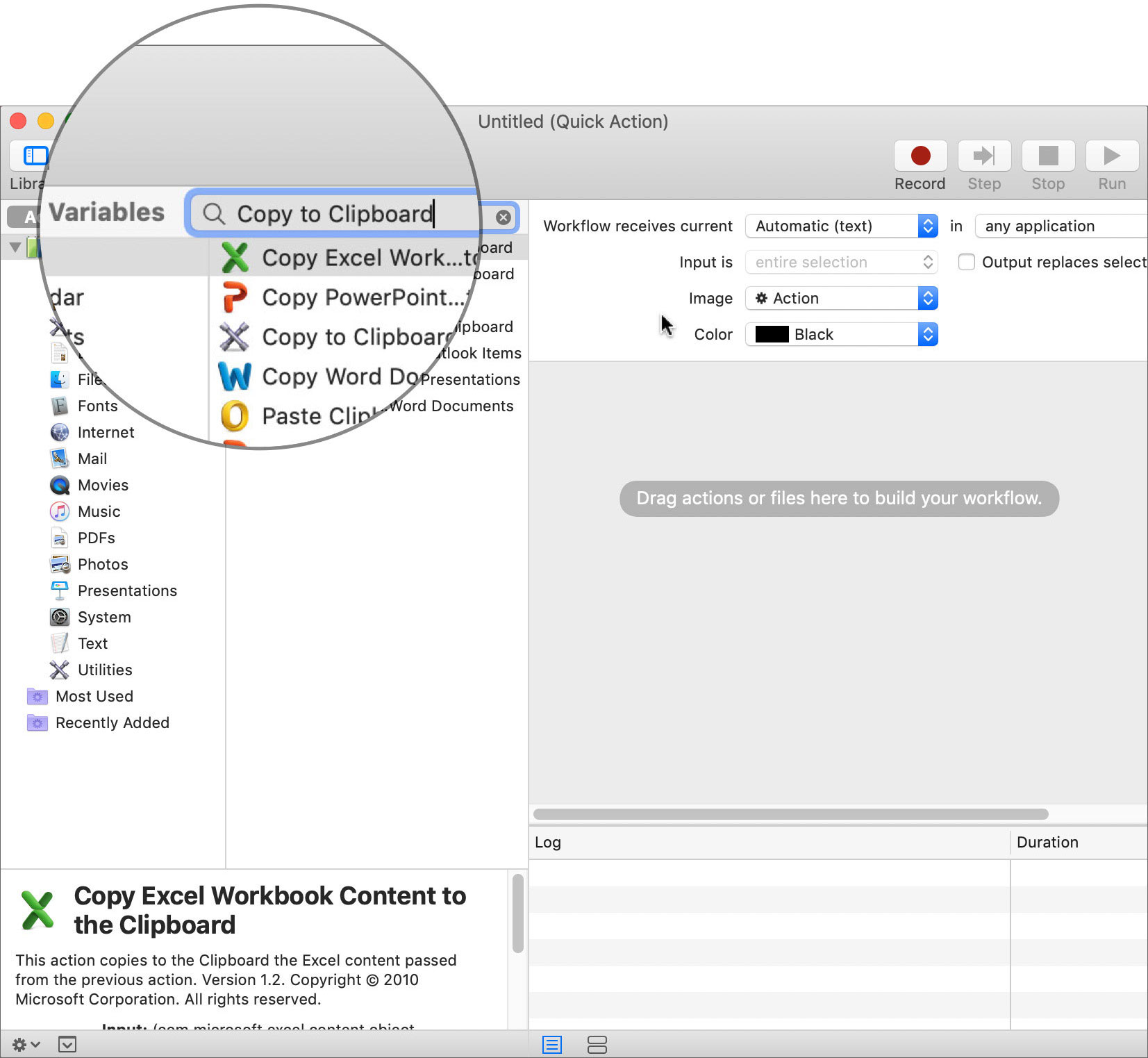 Type Copy to Clipboard next to Variables in Mac Automator App
