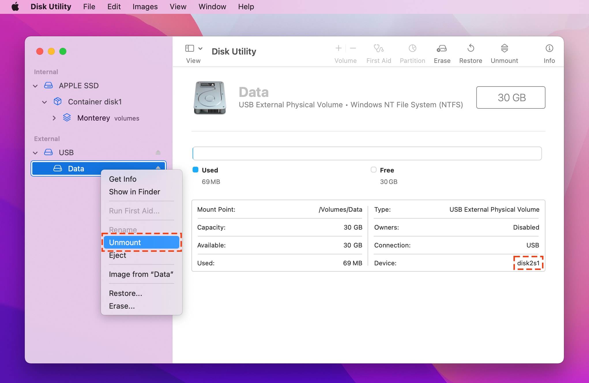 Unmount USB Drive with Disk Utility